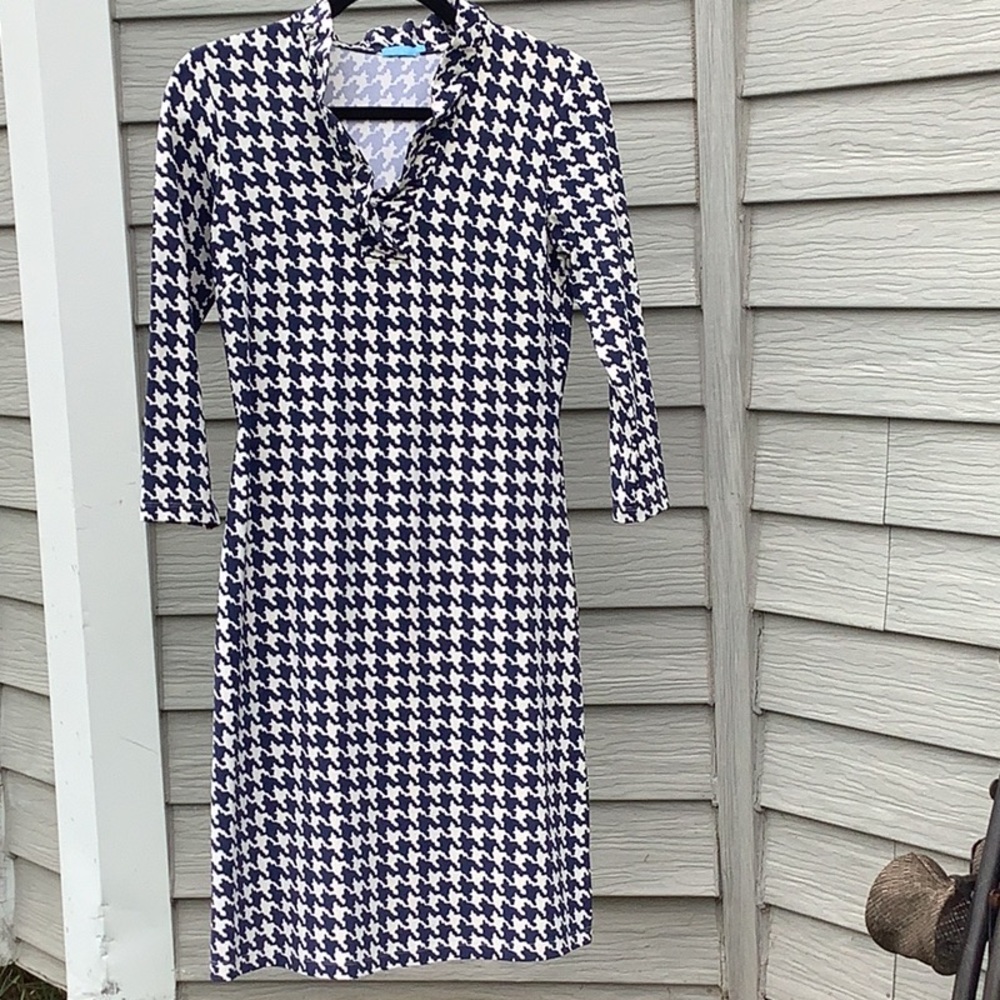 J. McLaughlin Navy and White Houndstooth Long-Sleeve Dress XS